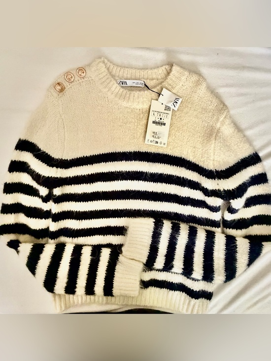 Zara Sweaters - ZARA Cream and Black Striped Button-Shoulder Sweater